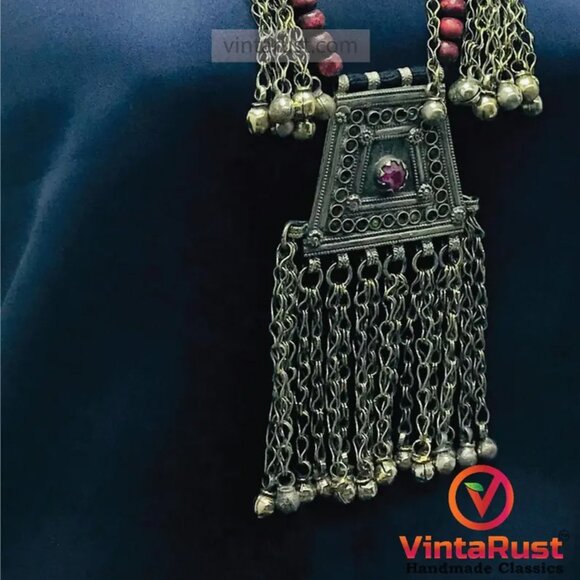 Handmade Pendant Necklace with Red Beads and Chain Tassels - Picture 6 of 10